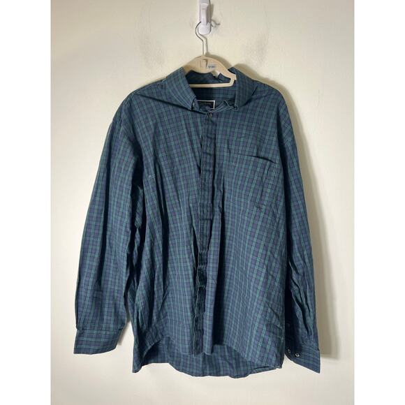 Club Room Mens Regular Fit Button Up Navy and Green Plaid Shirt Sz 17.5,  36/37 - Picture 1 of 3